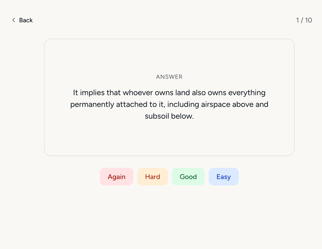 Flashcard answer with spaced repetition difficulty buttons