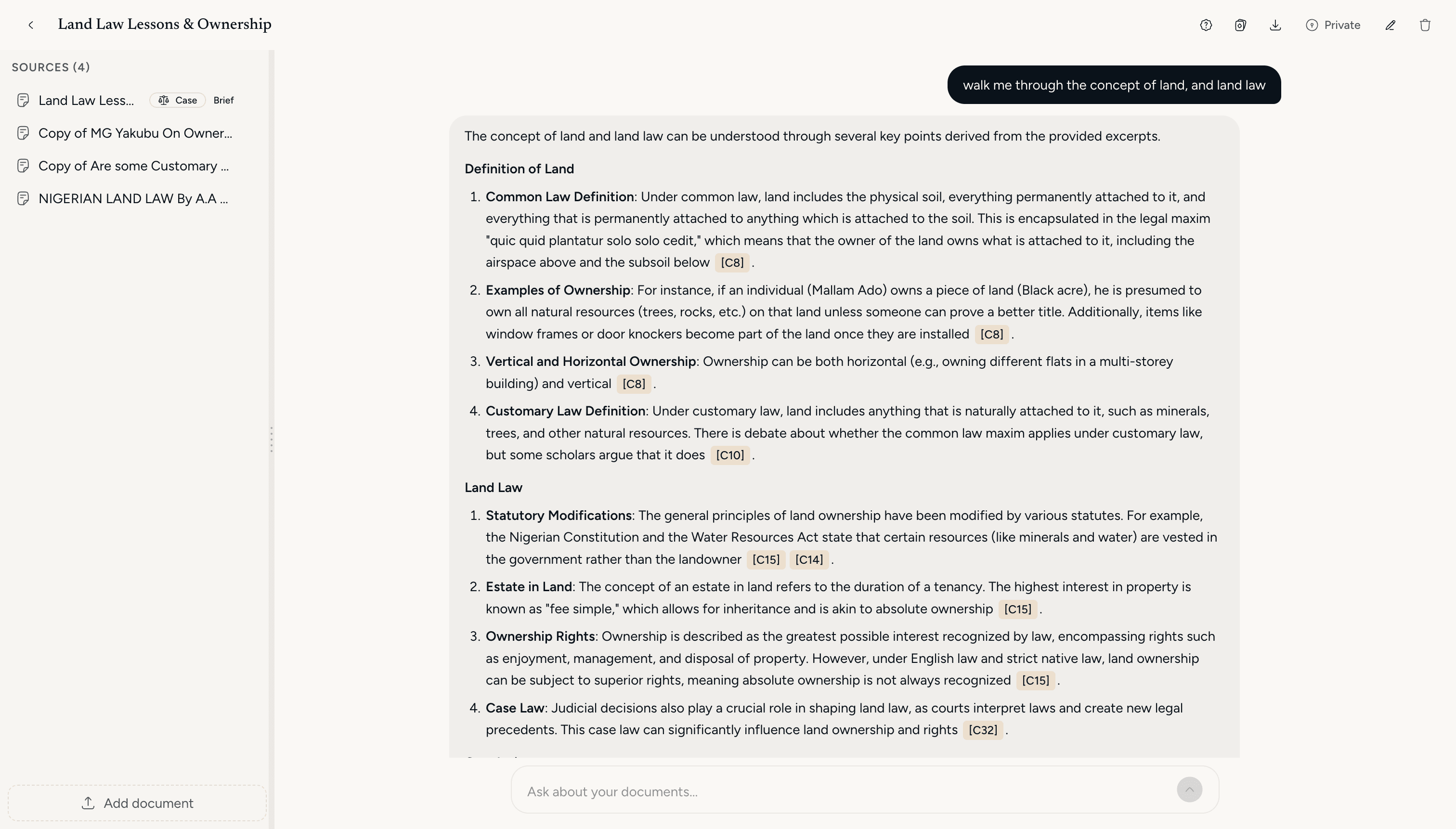 Karamelion notebook workspace showing AI-generated answers with inline citations